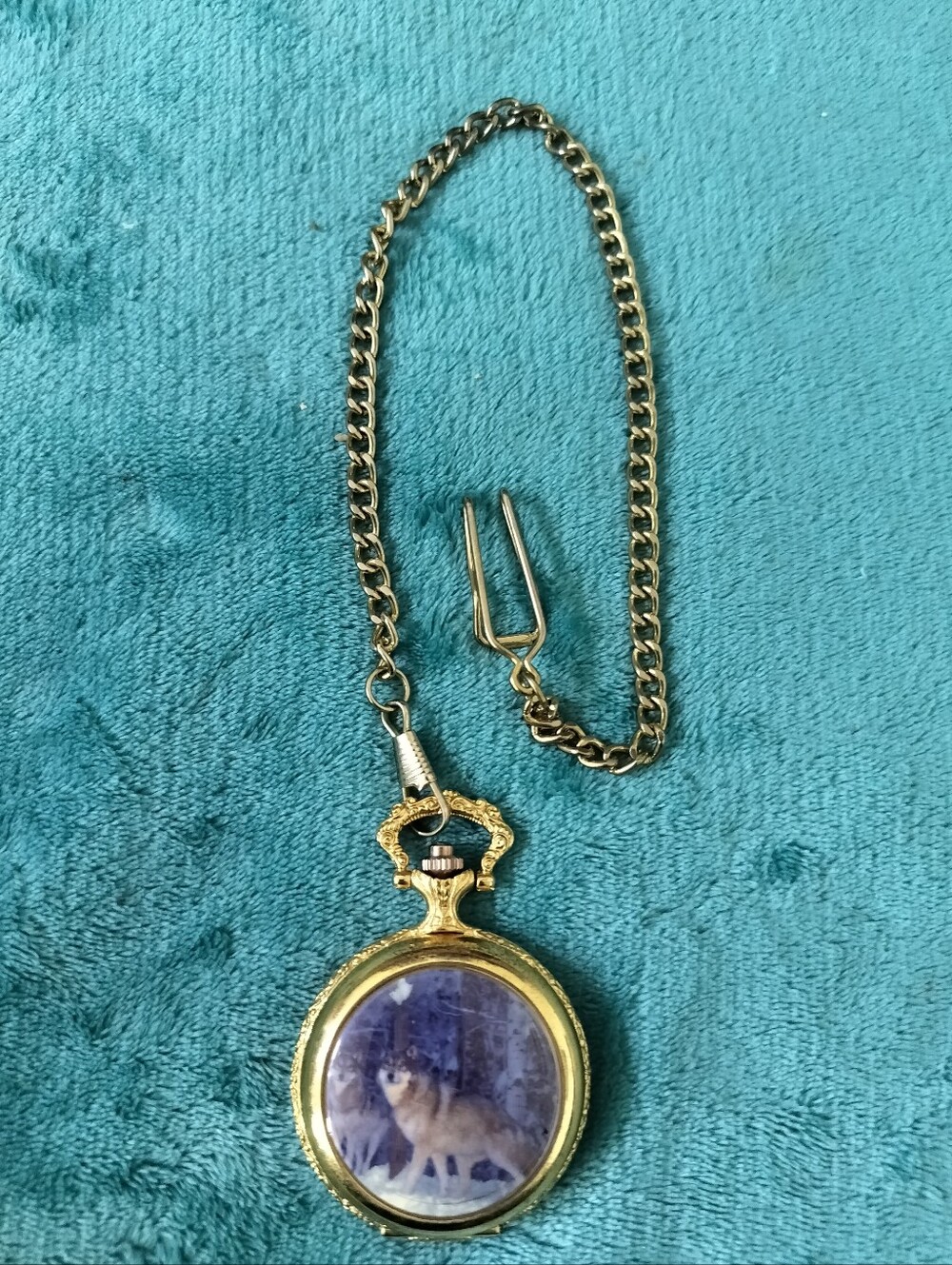 Riviera Gold Tone Wolf Portrait Pocket Watch Fob Chain 14" Long